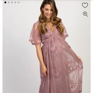 Maternity Maxi PinkBlush Mauve Lace Mesh Overlay Dress